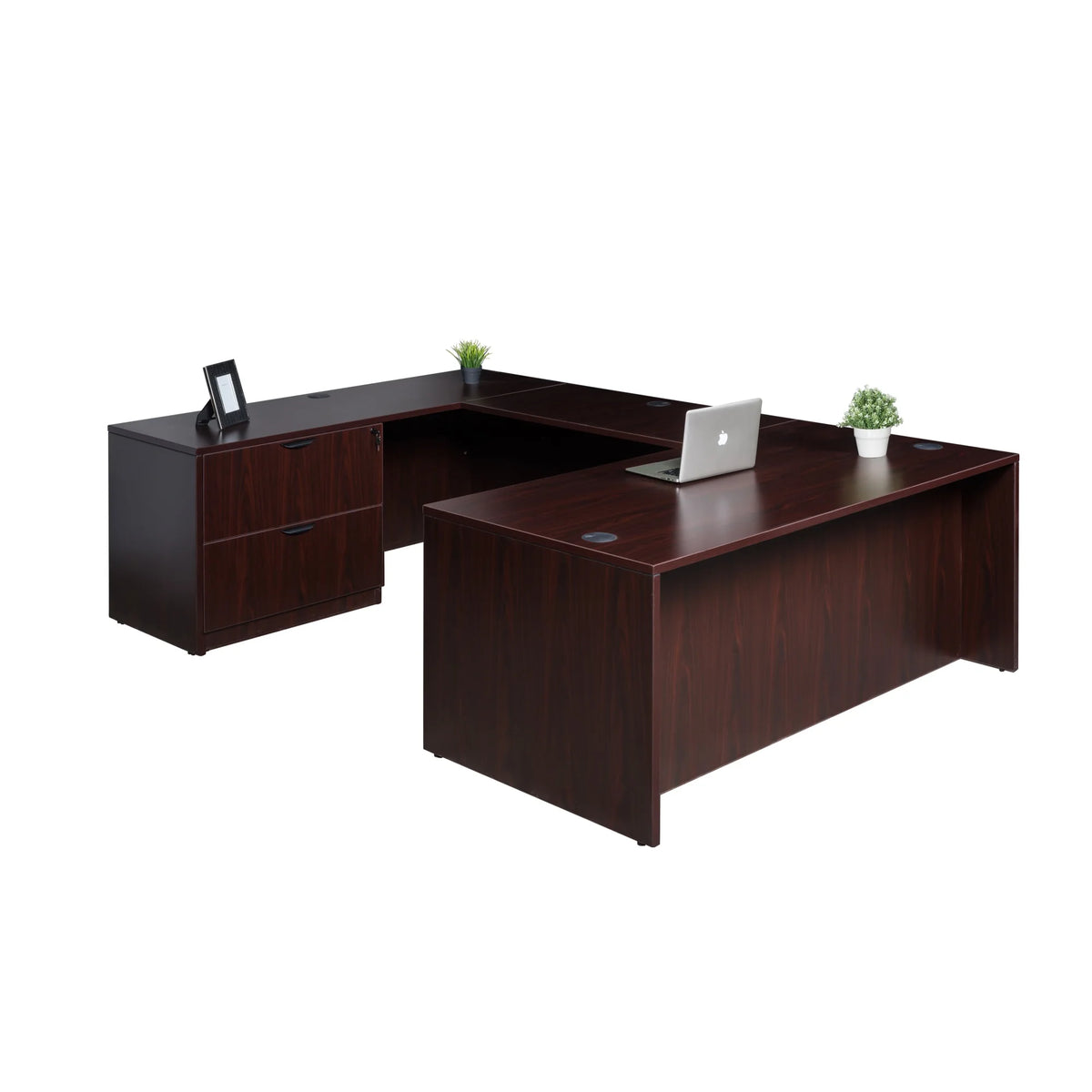 71 Inch Mahogany U-Shape Executive Desk with 2 Drawer Lateral File and Credenza K5664