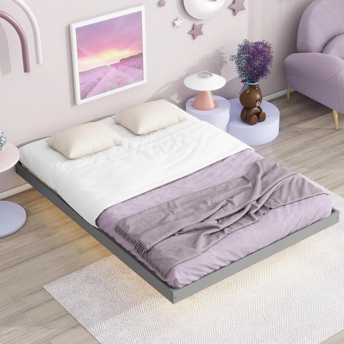 Full Size Gray Floating Platform Bed with LED Lights S424