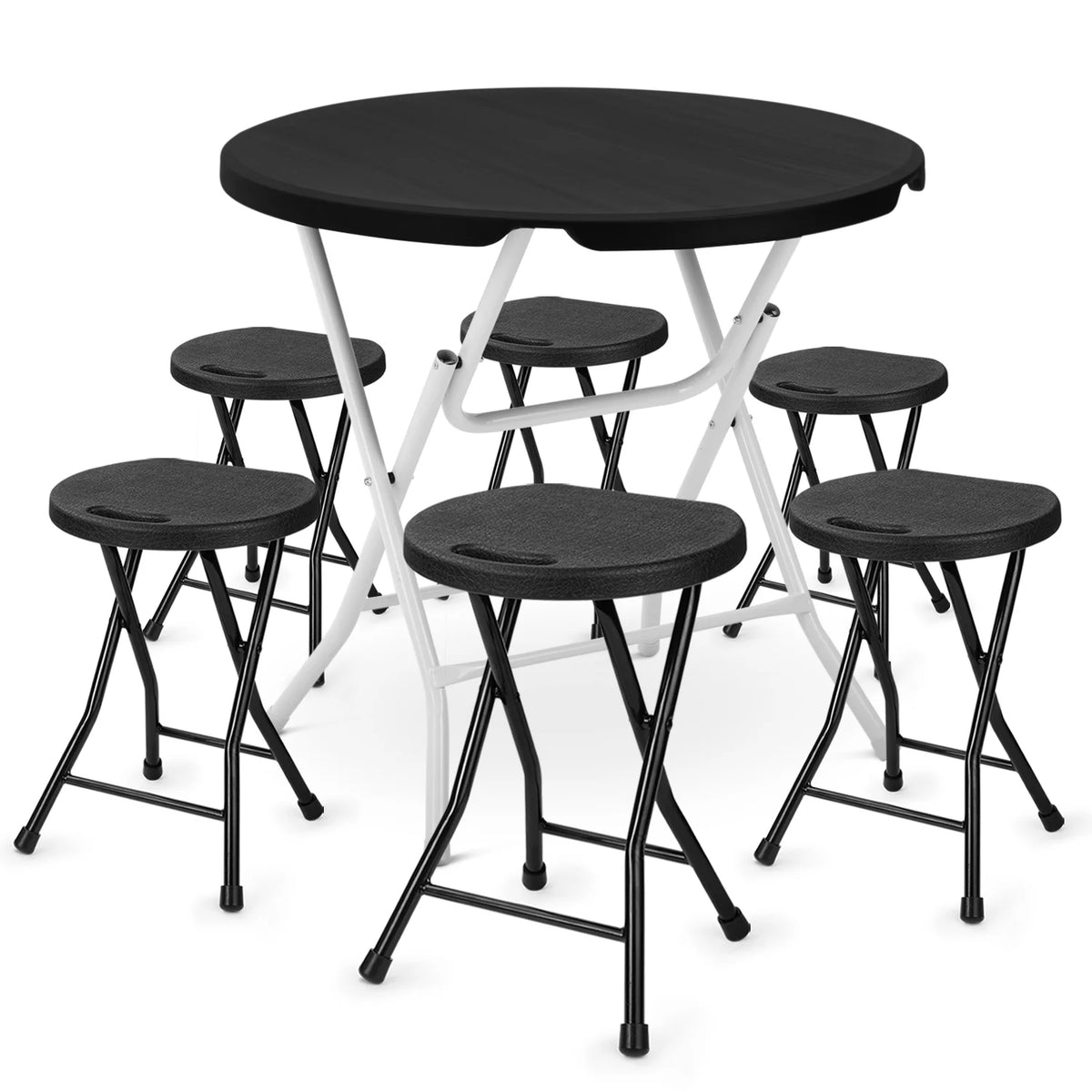 7 Pieces 2.6 FT Folding Round Black Table and Chair Set E566