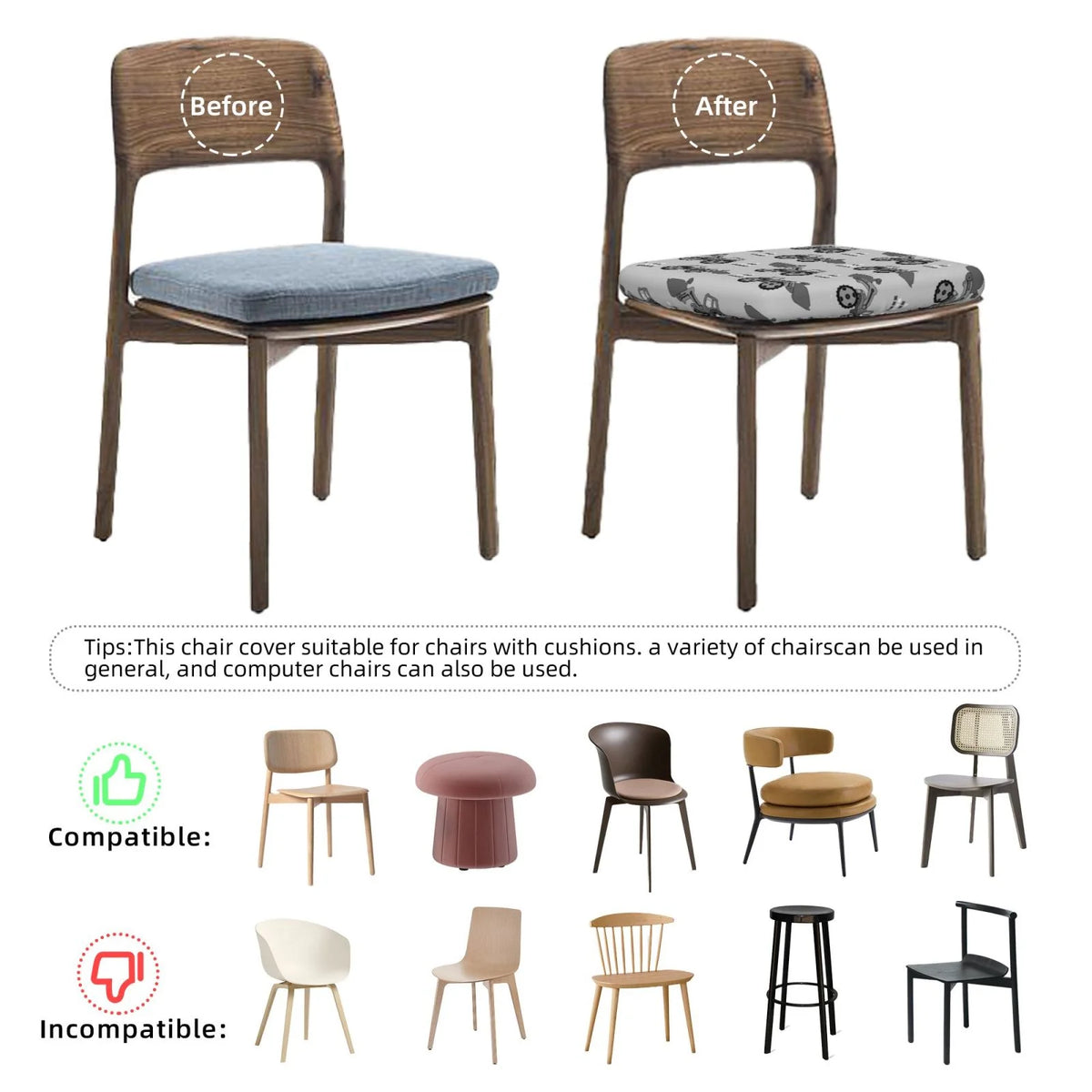 Gray Removable Washable Chair Seat Covers P8793