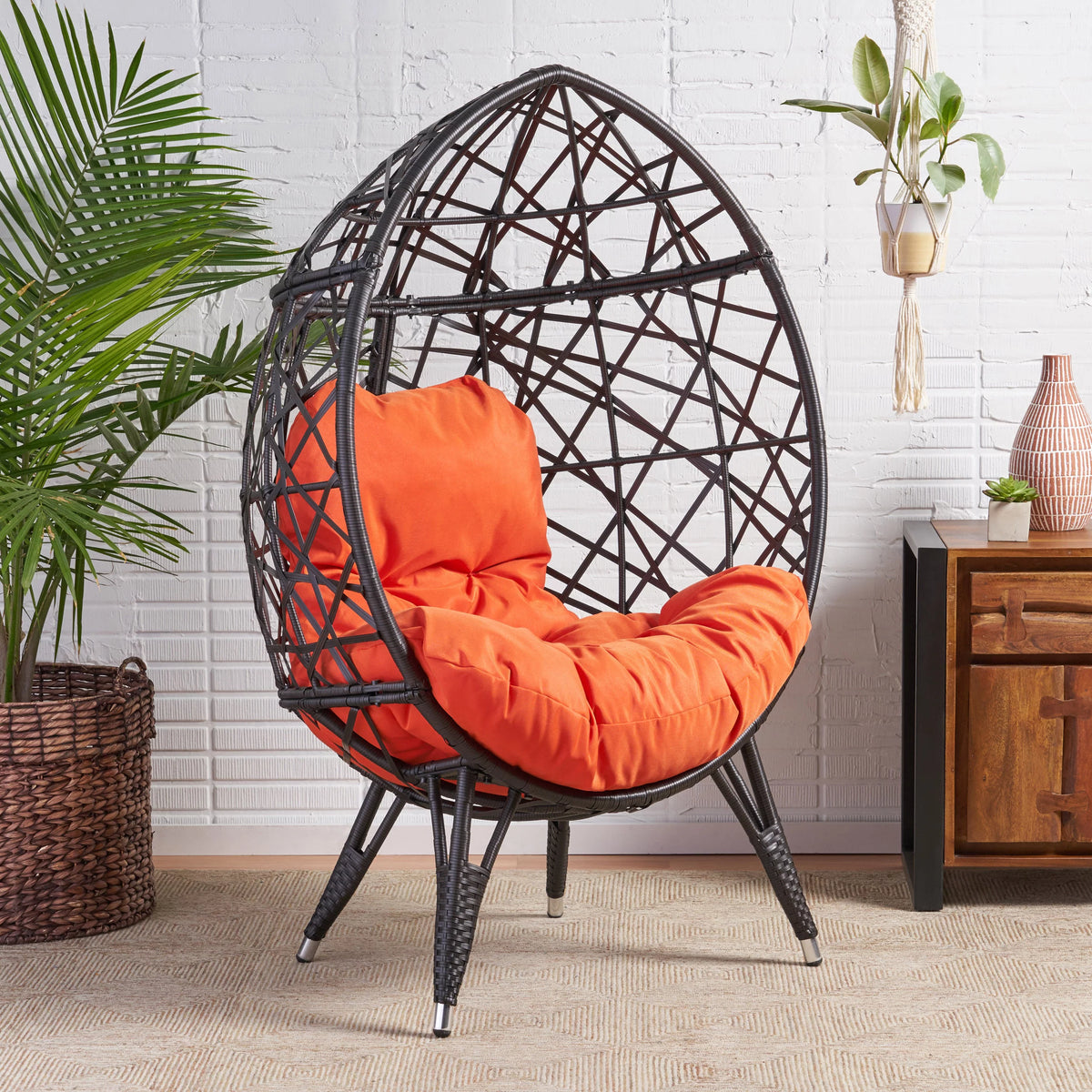 Indoor Wicker Teardrop Chair with Cushion W99464