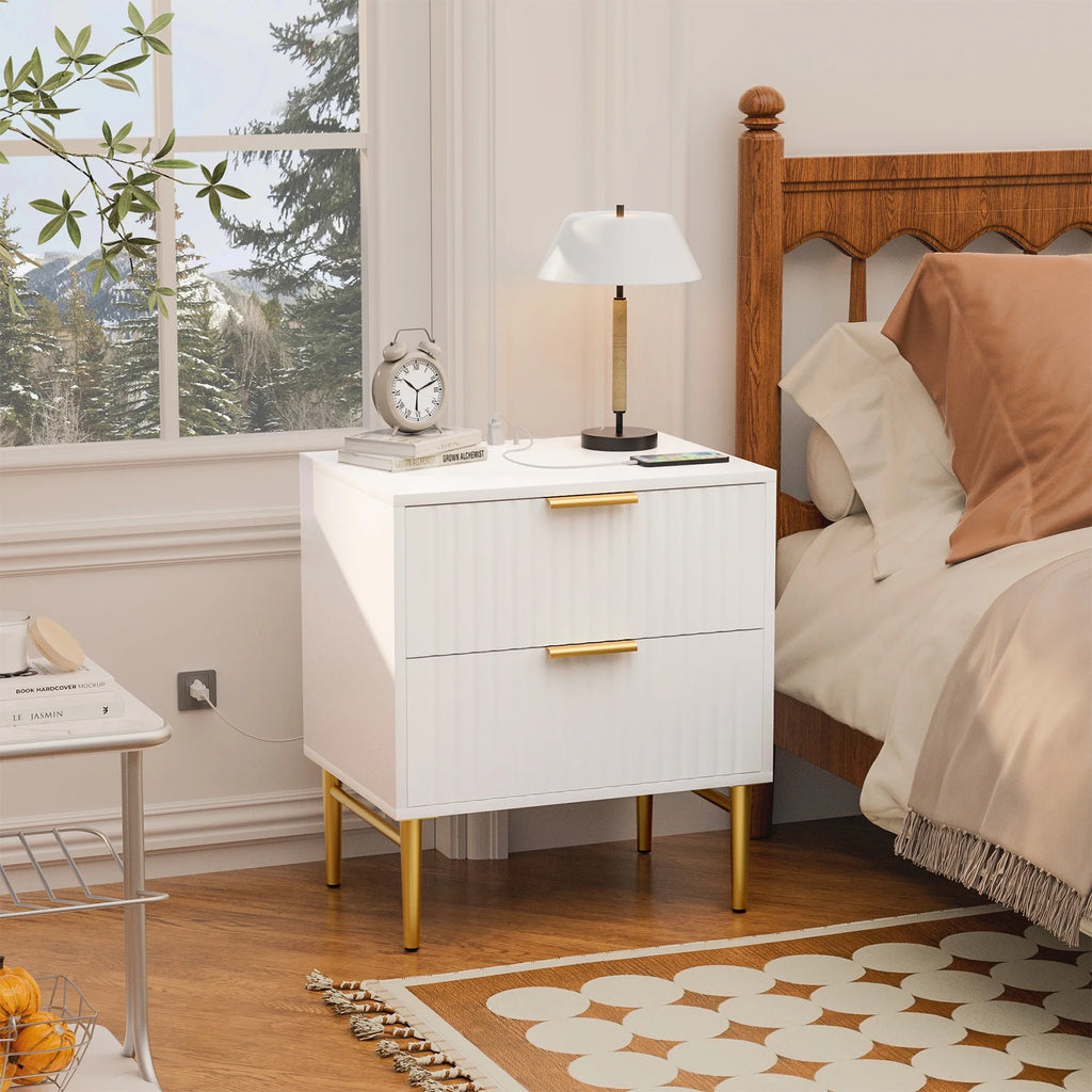 Modern Wood Fluted Nightstand Set of 2 with Charging Station White L853598