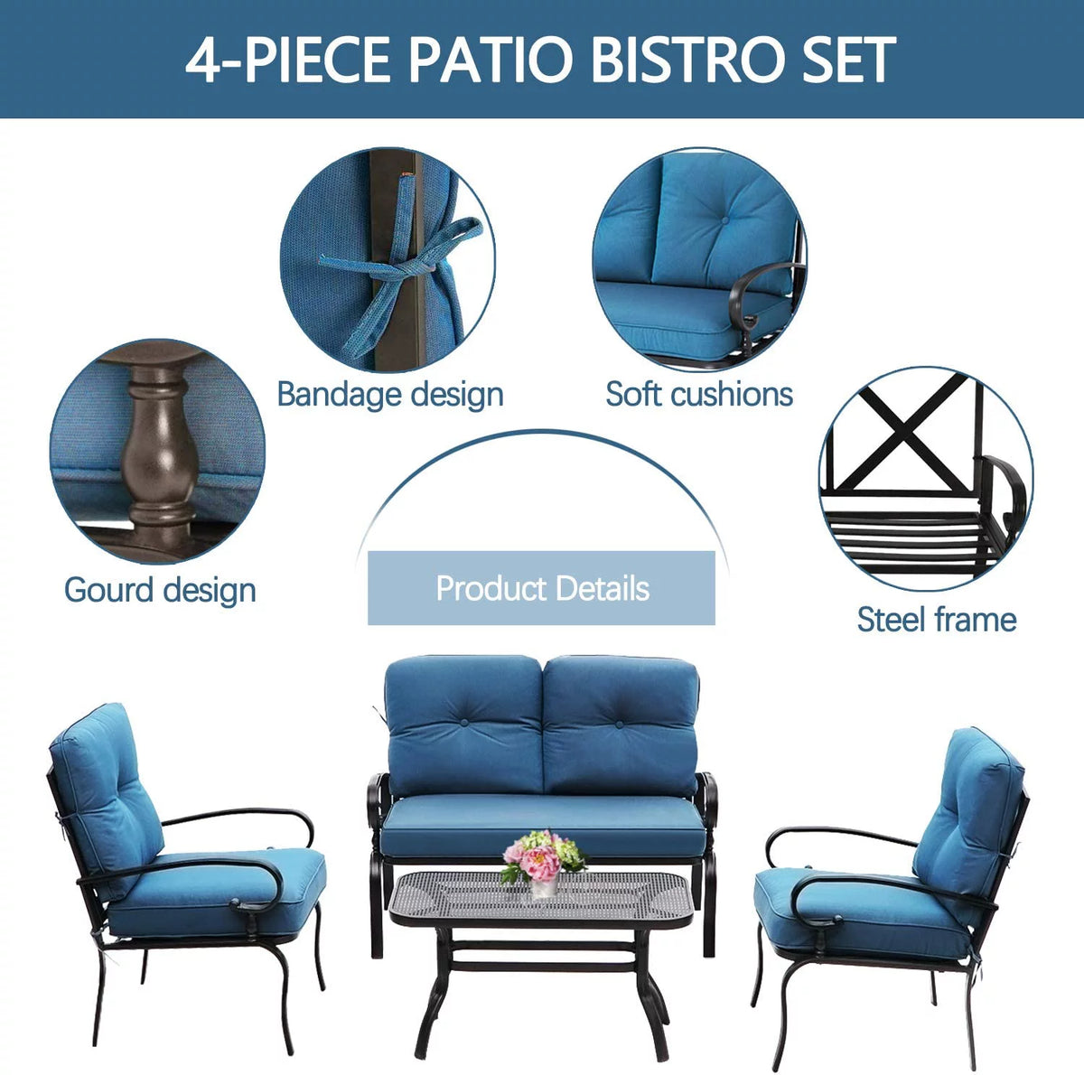 4-Piece Outdoor Furniture Conversation Set with Peacock Blue Cushions T62564