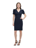 Blue Pleated V Neck Sheath Dress W9846