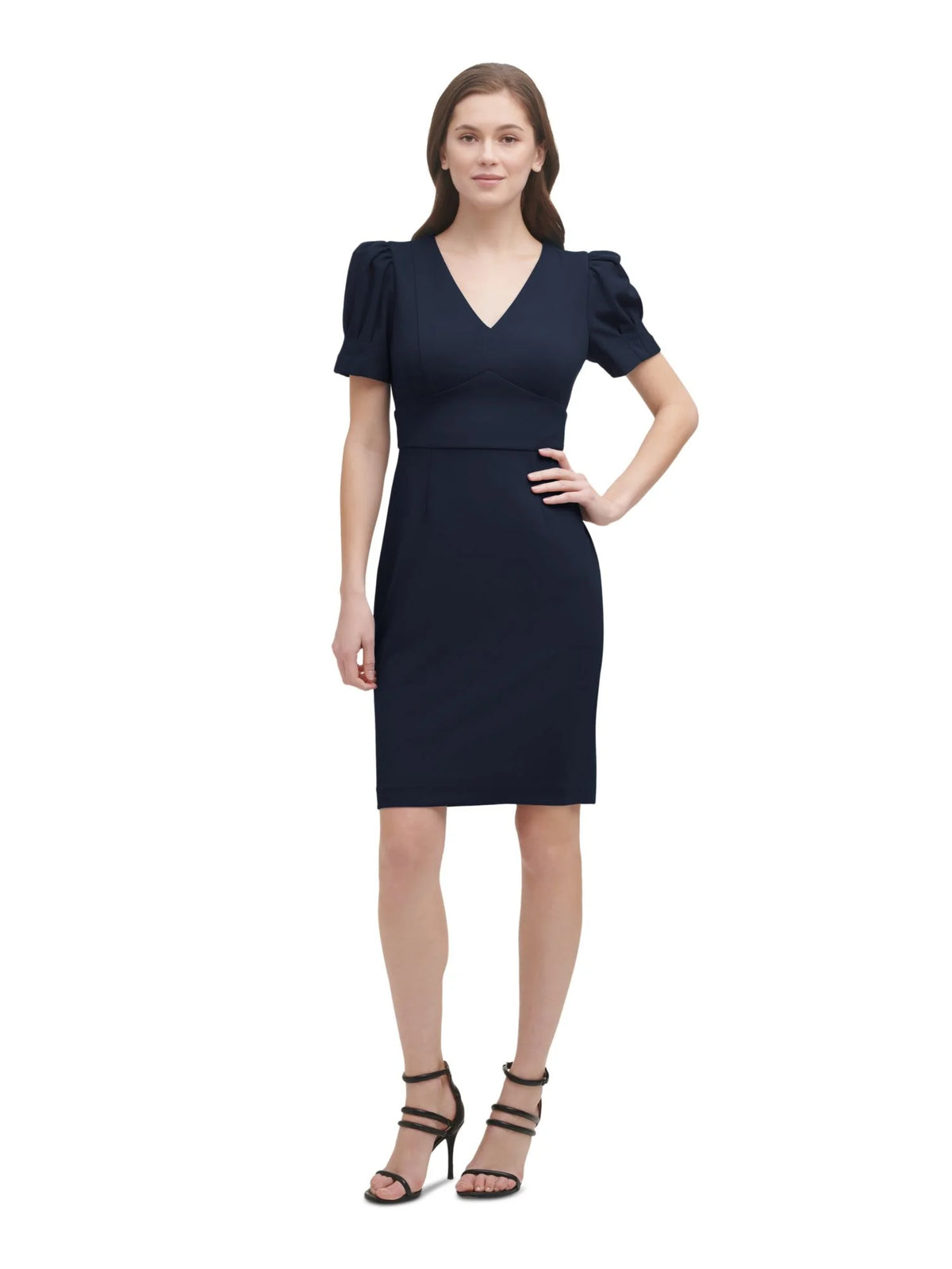 Blue Pleated V Neck Sheath Dress W9846