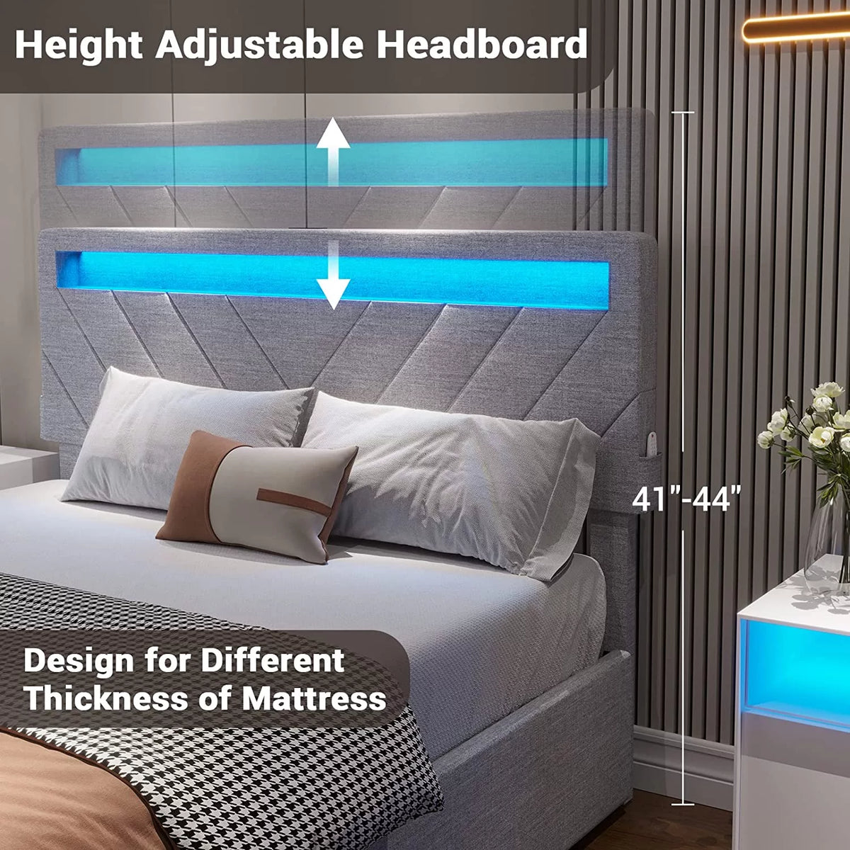 Queen Bed Frame with LED Lights Headboard, 4 Drawers, 2 USB Charging Station, Dark Gray B171