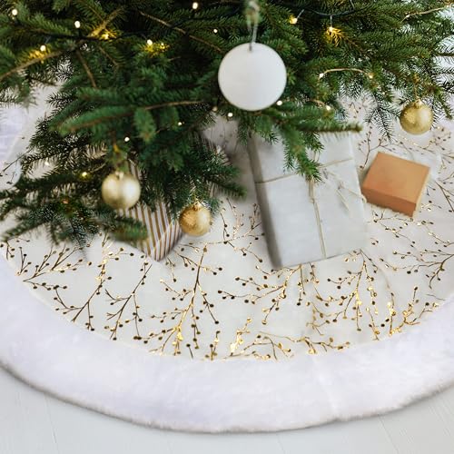 48 Inch White and Gold Faux Fur Plush Velvet Christmas Tree Skirt X4279