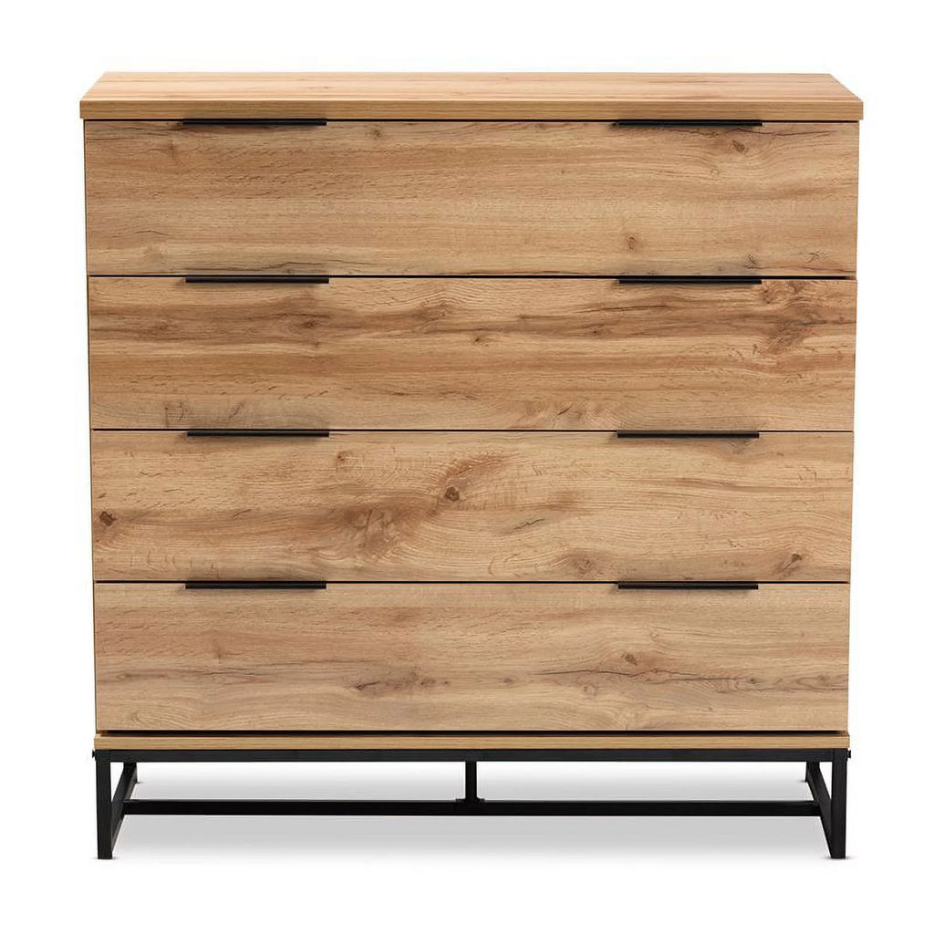 Oak Finished Wood Black Metal 4-Drawer Dresser J21843