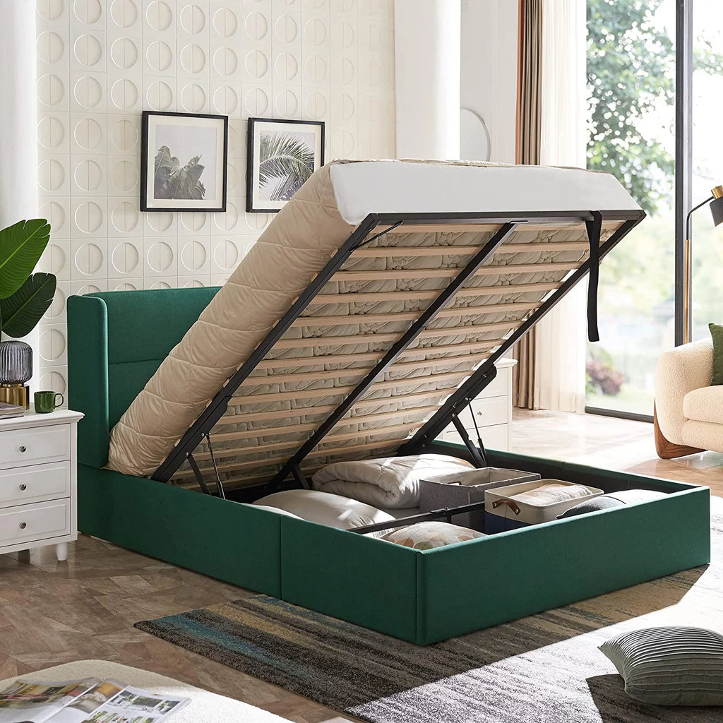Queen Size Green Linen Upholstered Storage Bed X964774