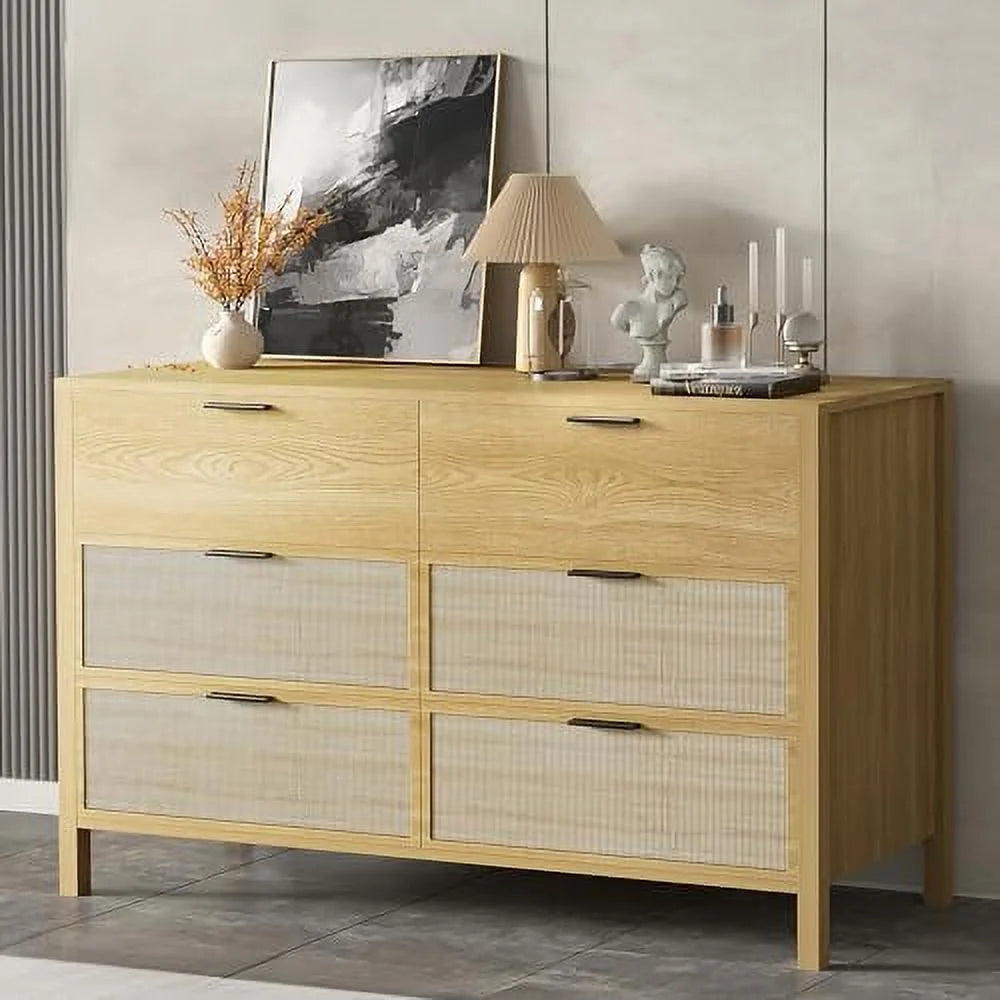 6 Drawer Natural Wood Rattan Dresser O926