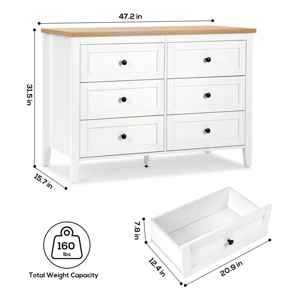 White 6 Drawer Wood Dresser with Metal Knobs E2913