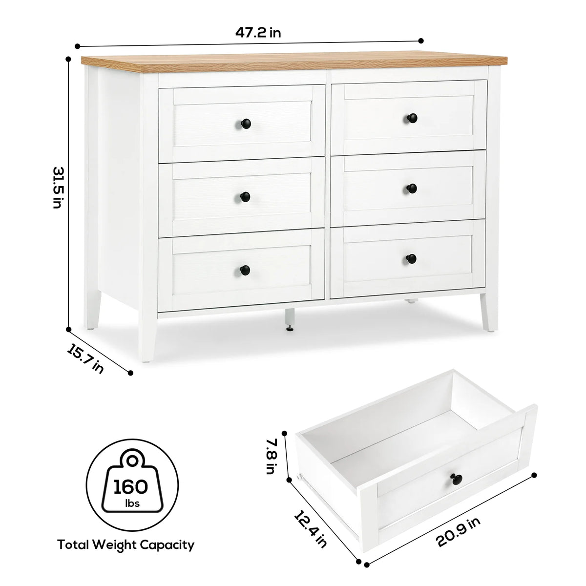 White 6 Drawer Wood Dresser with Metal Knobs E2913