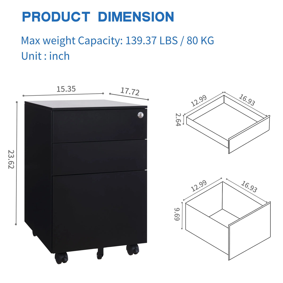 3 Drawer Black Mobile File Cabinet U659283