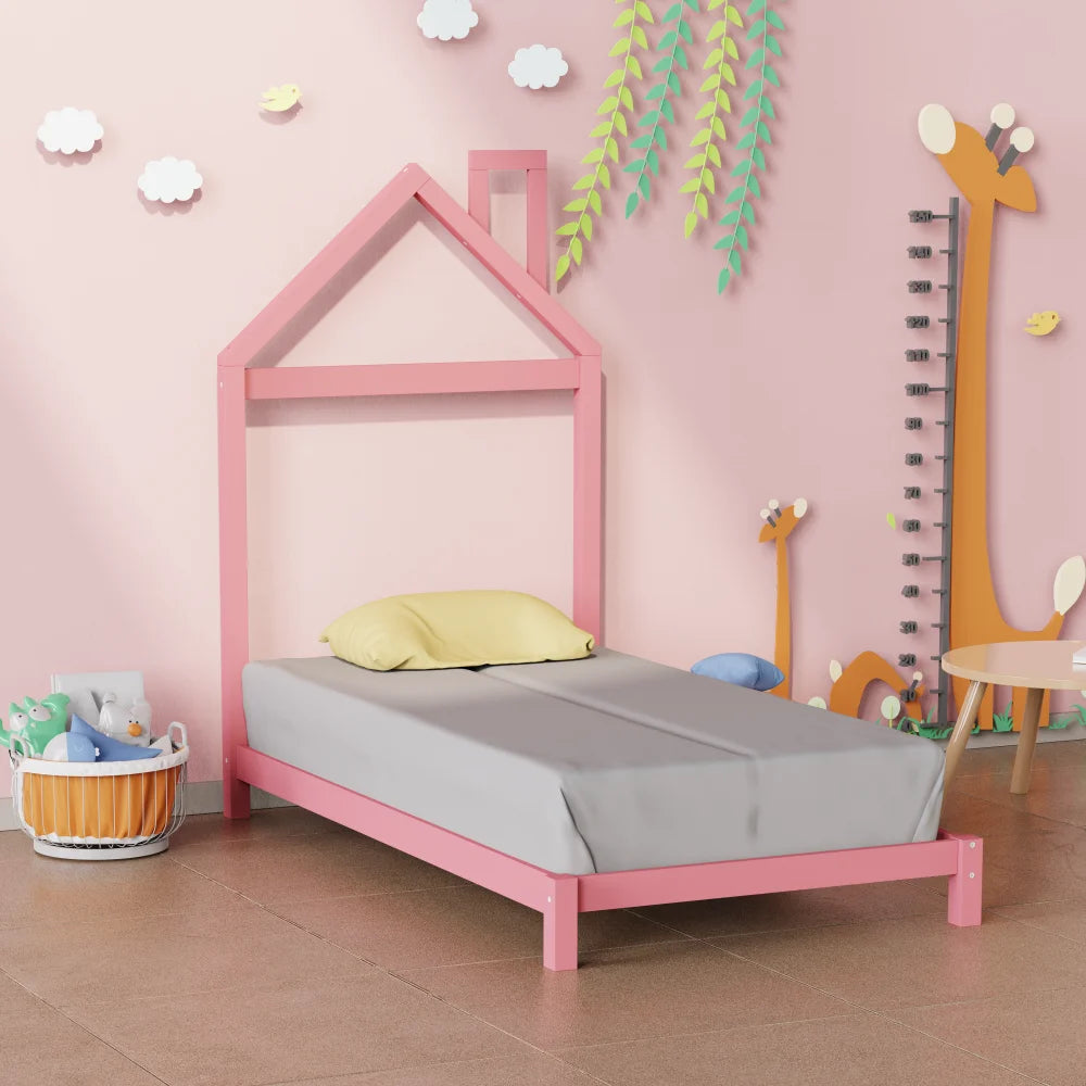 Pink Twin Size Wood Platform Bed with House-Shaped Headboard M49917