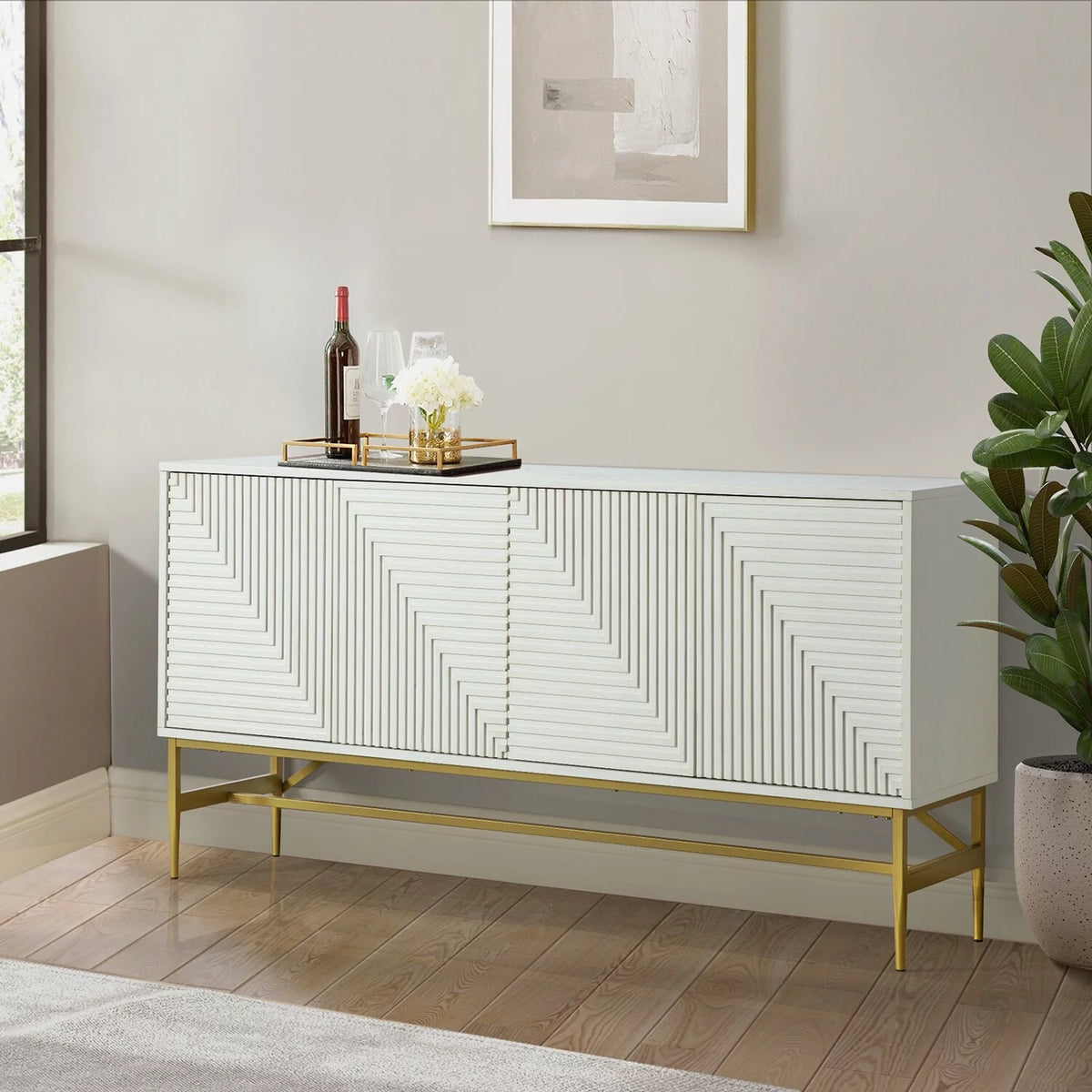 Walnut Kitchen Buffet Sideboard with Metal Legs J84242