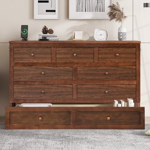 Solid Pine Queen Size Murphy Cabinet Wall Bed with Storage Drawers T355
