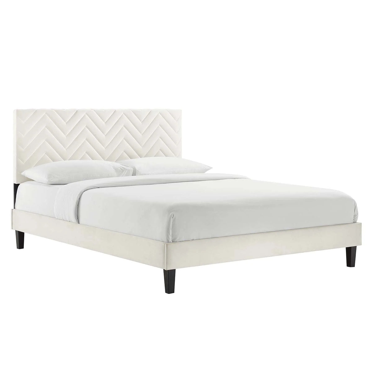 White Tufted Performance Velvet Twin Platform Bed U63059