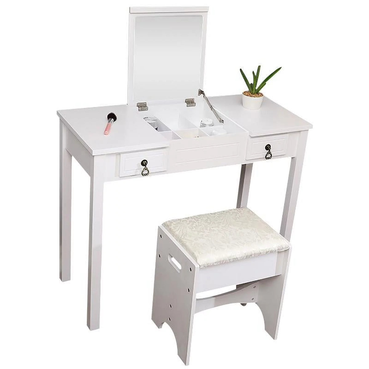 Flip-top Mirror Vanity Set with 2 Drawers and Stool, White E8503