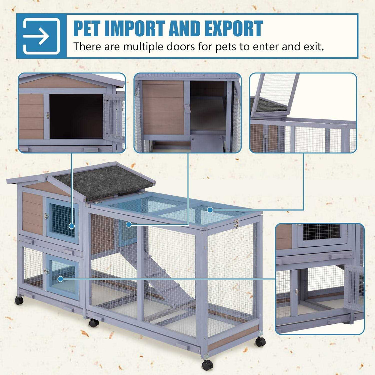 Wood Rabbit Hutch with Wheels & Waterproof Roof Q36582