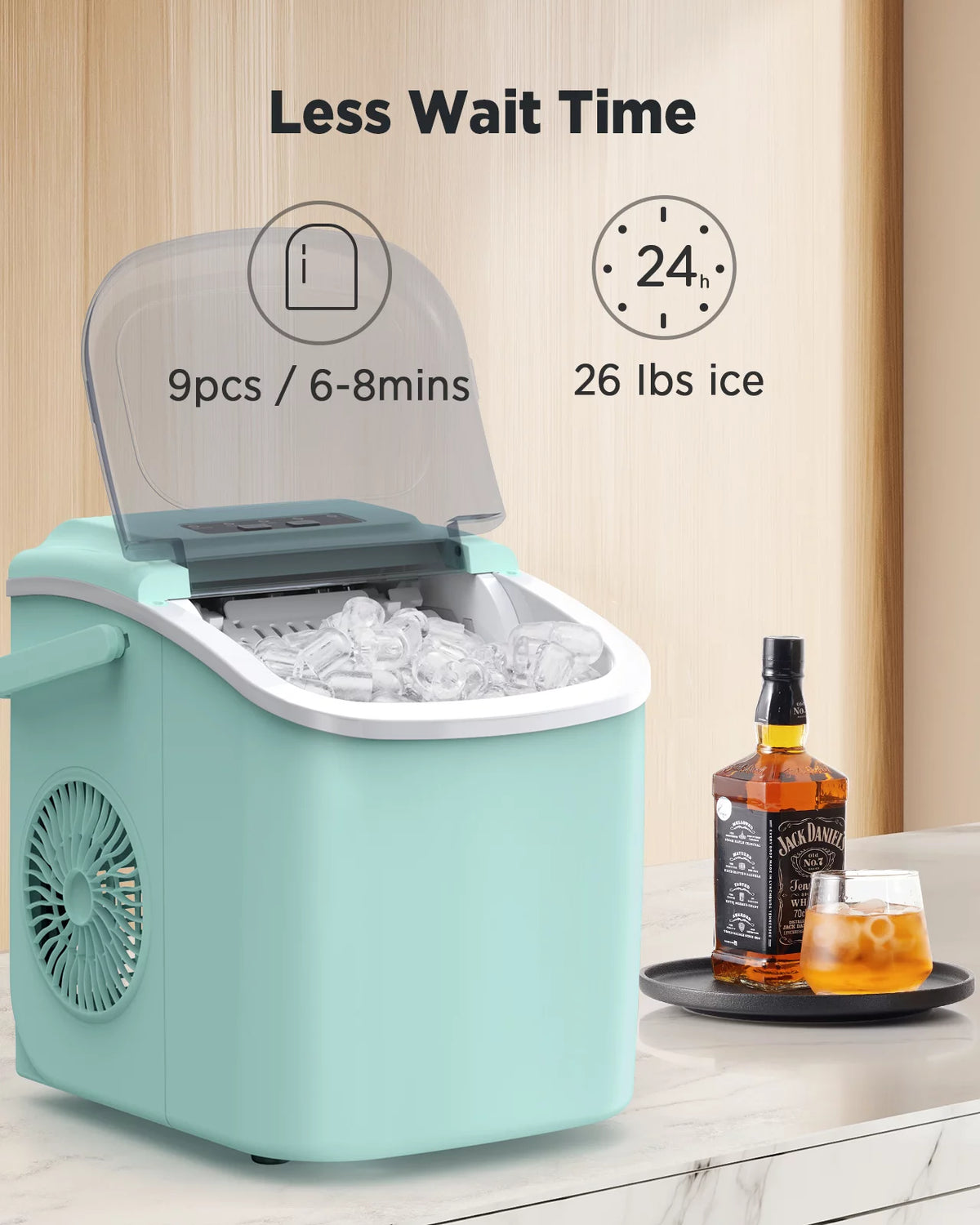 Countertop Ice Maker with Handle, 9 Cubes/6 Mins, 26lbs/24Hrs, Self-Cleaning, Ice Scoop and Basket, 2 Sizes of Bullet Ice, Green C924