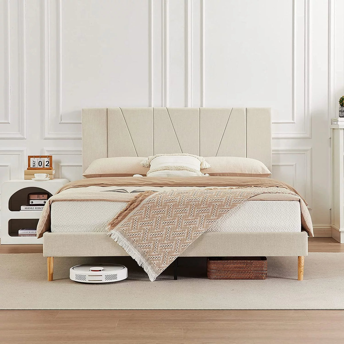 King Size Beige Fabric Upholstered Platform Bed Frame O42538