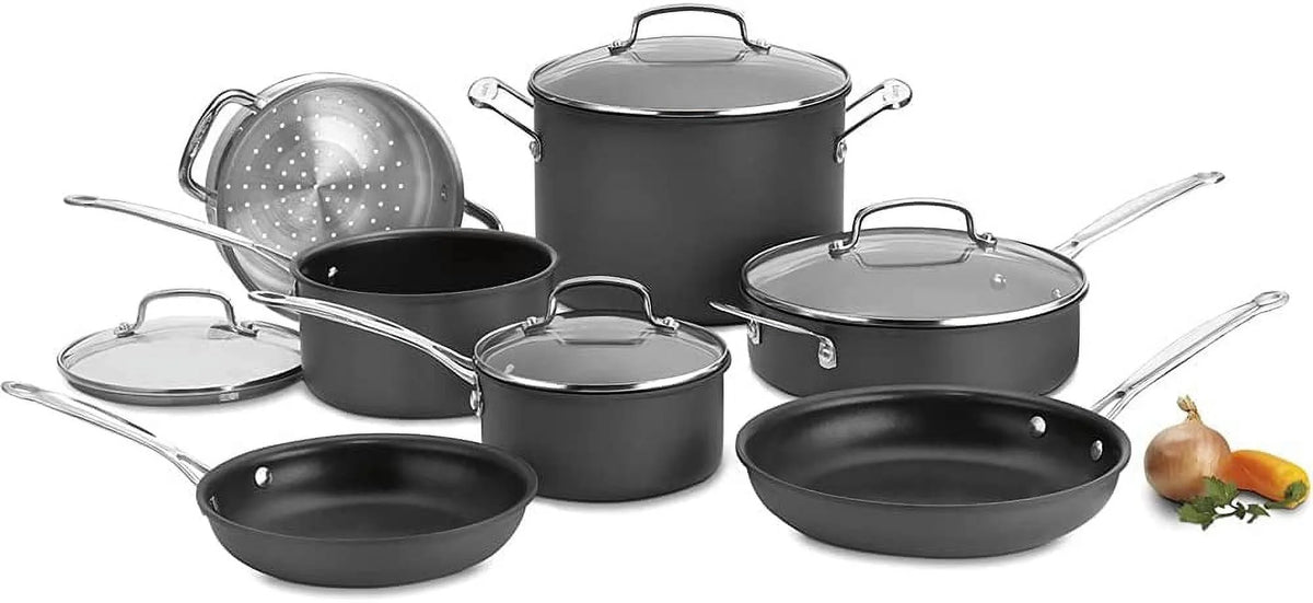 11-Piece Nonstick Hard-Anodized Cookware Set and 12 Piece Ceramic Coated Cutlery Set Matte Black I6166