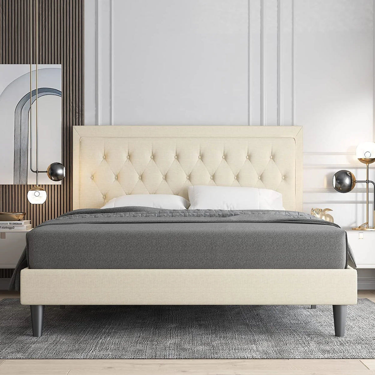 Queen Size Upholstered Platform Bed with Adjustable Headboard P76867