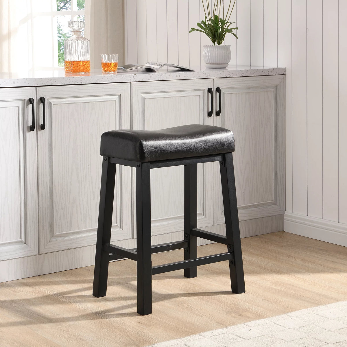 Black Faux Leather Saddle Seat Counter Height Barstools Z8392
