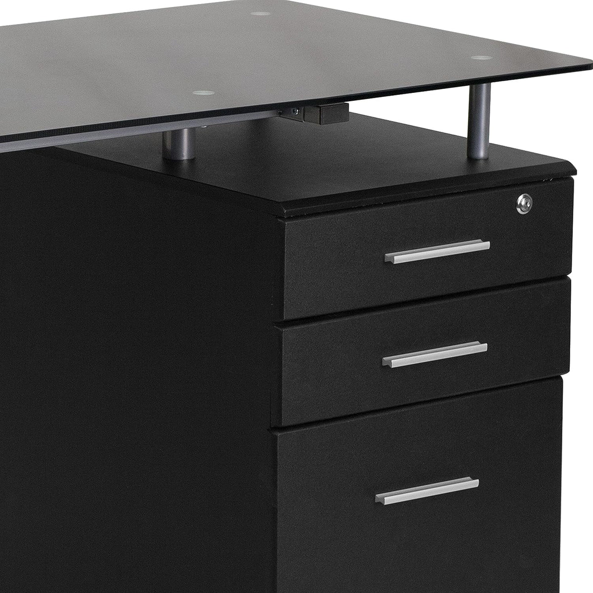 Black Glass Computer Desk with Three Drawer Pedestal Y561106