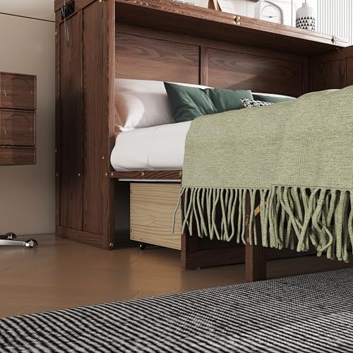 Solid Pine Queen Size Murphy Cabinet Wall Bed with Storage Drawers T355