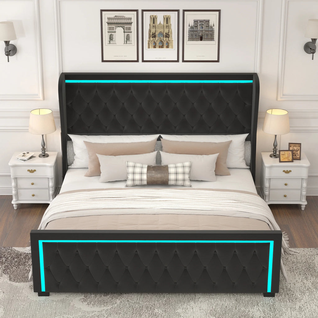 Black King Velvet Upholstered Platform Bed Frame with Wingbacks S618