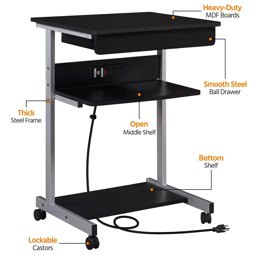 22in Rolling Laptop Computer Desk with Power Outlet, Black U527392