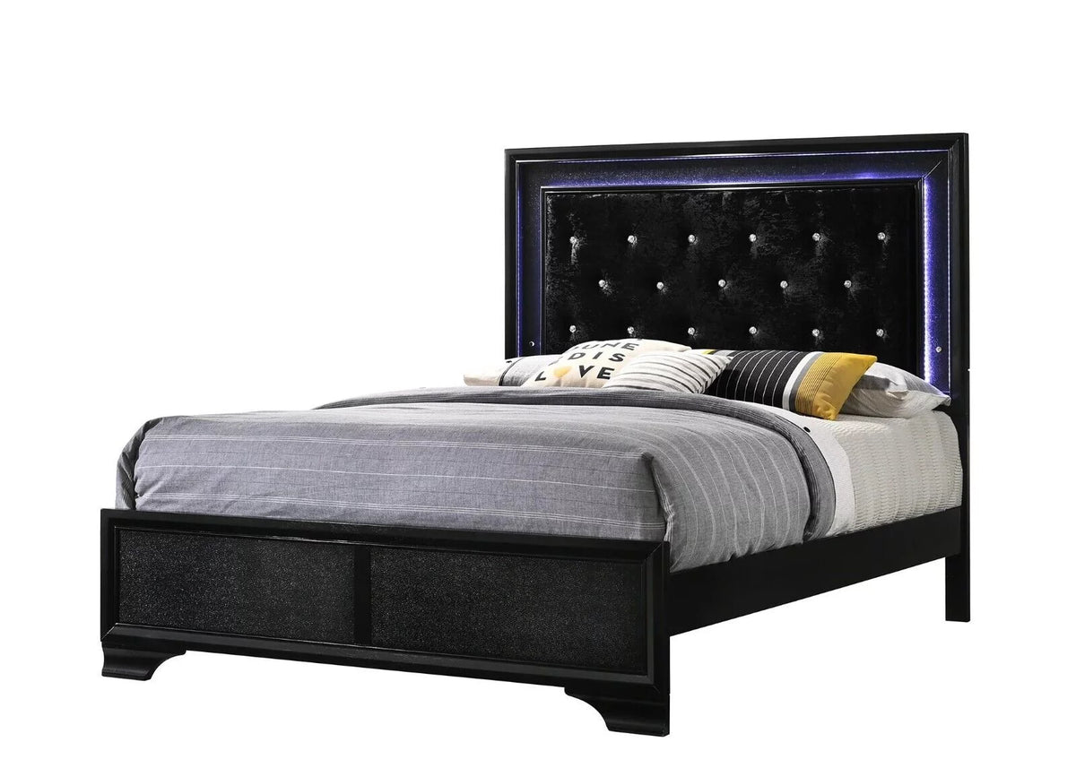 Black Full Size Upholstery LED Bed Dresser Mirror Nightstand Set C2541
