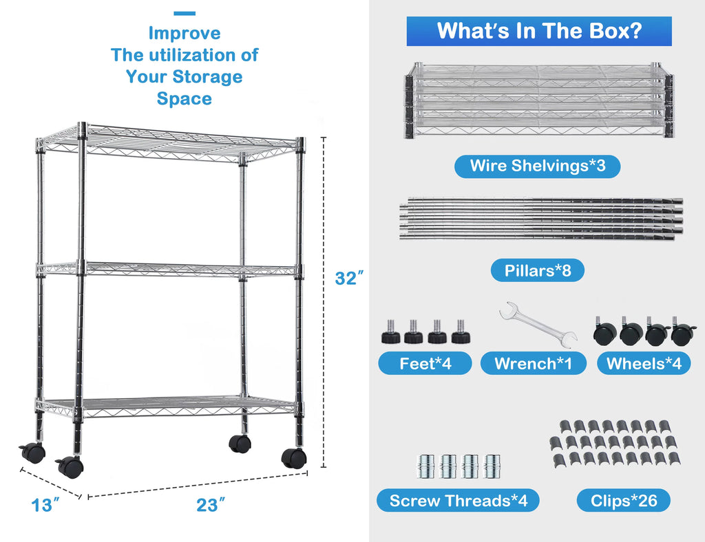 3 Shelf Wire Shelving Unit with Wheels I9440