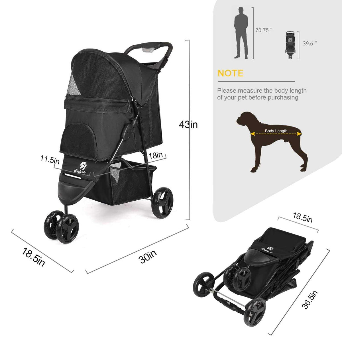 3 Wheels Foldable Pet Stroller with Brake, Canopy, Cup Holders and Storage Q1730