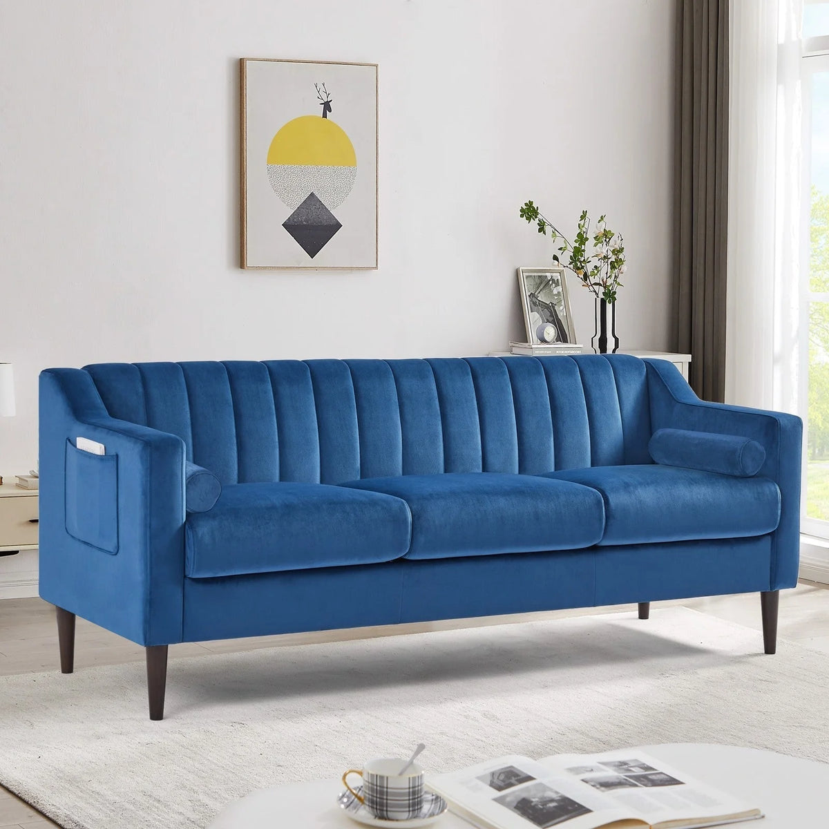 Velvet Upholstered Chesterfield Sofa with Wooden Legs S543265