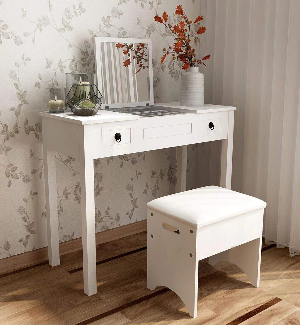 Flip-top Mirror Vanity Set with 2 Drawers and Stool, White E8503