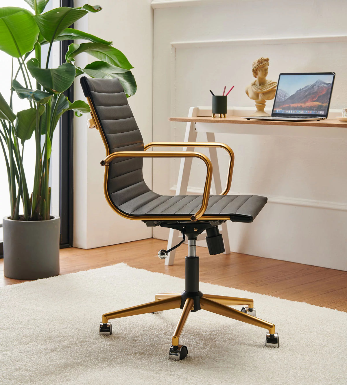 Black Leather Gold Office Chair with Armrest Z71401
